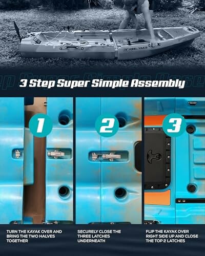 Three-step kayak assembly guide with images.