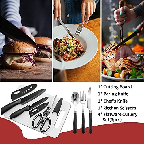 Collage of people using knives on food and a cutlery set.