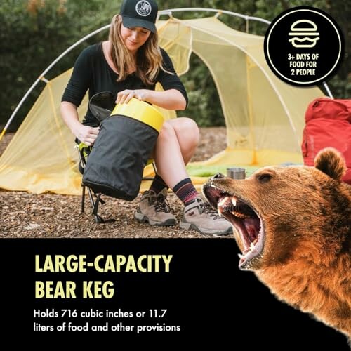 Person placing items in a bear keg near a tent with a bear image and storage details.