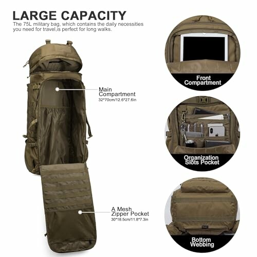 Large military backpack with multiple compartments and pockets.
