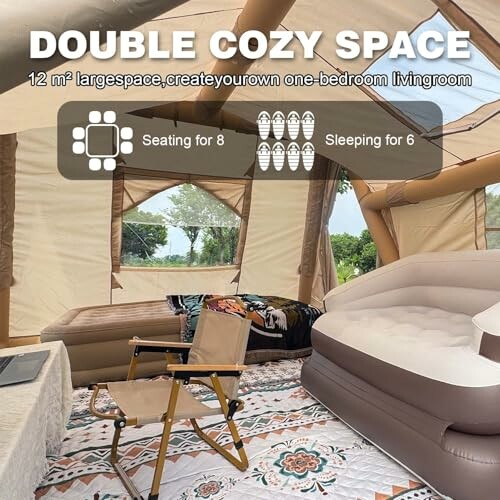Spacious tent interior with seating for 8 and sleeping for 6