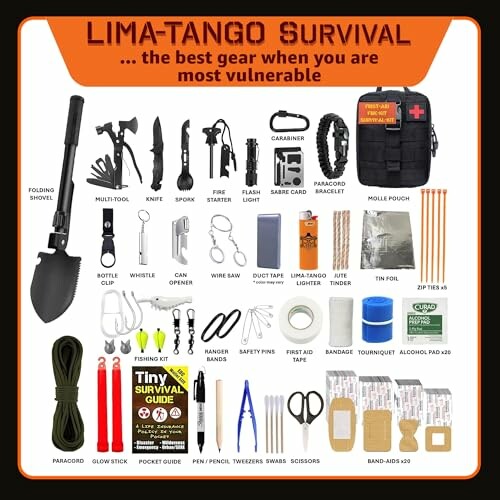 Lima-Tango survival gear set with various tools and supplies.