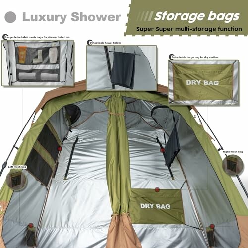 Interior of a shower tent with various storage bags and mesh compartments.