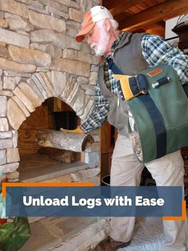 Man unloading firewood into a stone fireplace.