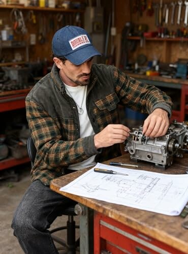 Mechanic repairing engine at workbench with tools.