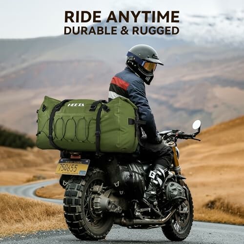 Motorcyclist with gear on a scenic road.