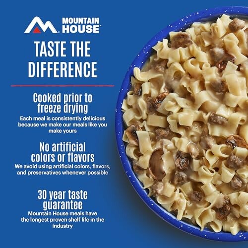 Mountain House meal with freeze drying benefits and 30-year guarantee.