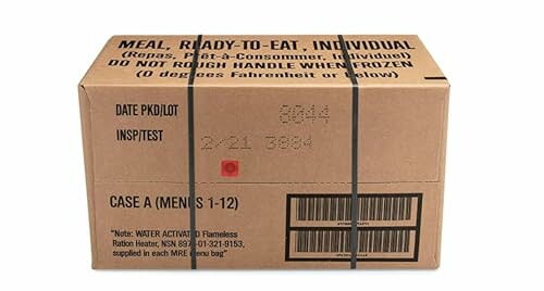 Box of individual ready-to-eat meals with warnings and barcode.
