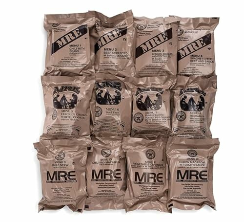 Assorted MRE meal packs arranged in rows.