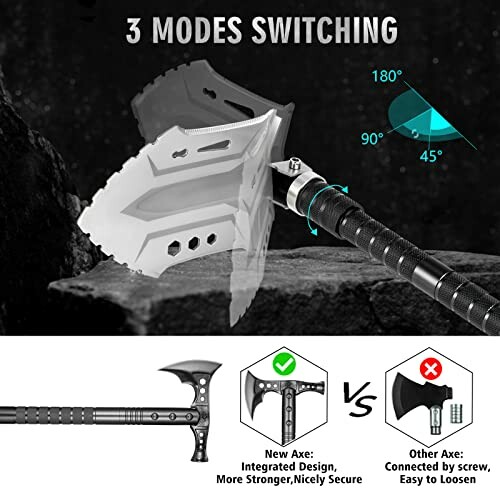 Multi-tool axe with 3 modes switching, integrated design for strength and security.