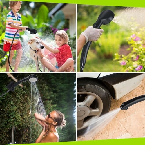 Collage of a hose nozzle used for bathing a dog, watering plants, outdoor showering, and cleaning a car.