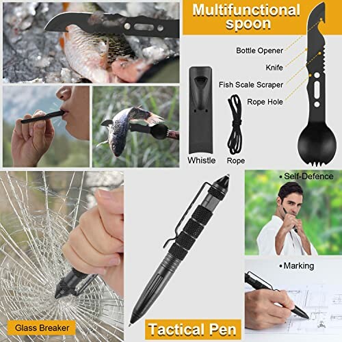 Multifunctional spoon and tactical pen with various tools and uses.