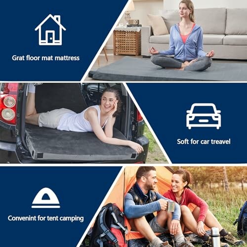 Versatile mat for floor, car travel, and tent camping.