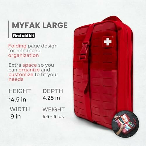 Red MyFAK large first aid kit with enhanced organization features and dimensions.