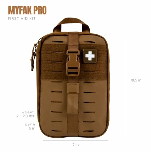 MYFAK Pro first aid kit in brown with dimensions and weight.