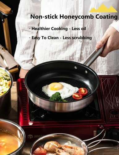 Non-stick pan on stove with fried egg, tomatoes, and broccoli.
