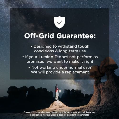 Off-Grid Guarantee text over night sky with person holding light.