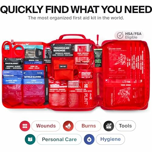 Open first aid kit with organized compartments for wounds, burns, tools, personal care, and hygiene items.