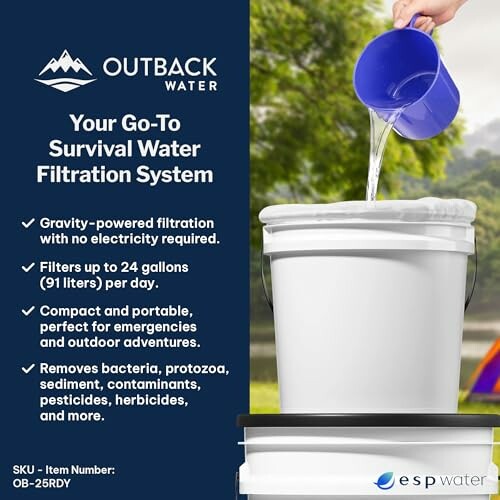 Outback Water survival filtration system with bucket and pouring water.