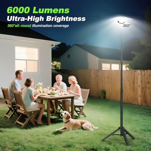 Outdoor scene with a family dining under a bright 6000 lumens lamp, highlighting its 360-degree illumination.