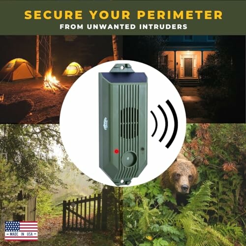 Outdoor security device with images of tents, house, gate, and bear.