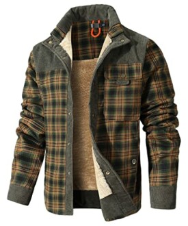 Men's plaid fleece-lined jacket with button closure and chest pocket.
