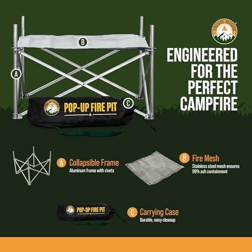 Pop-up fire pit with collapsible frame, fire mesh, and carrying case for campfire.
