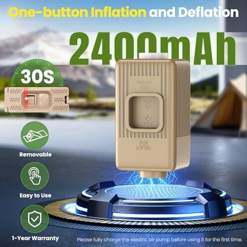 Portable air pump with one-button operation and 2400mAh capacity.