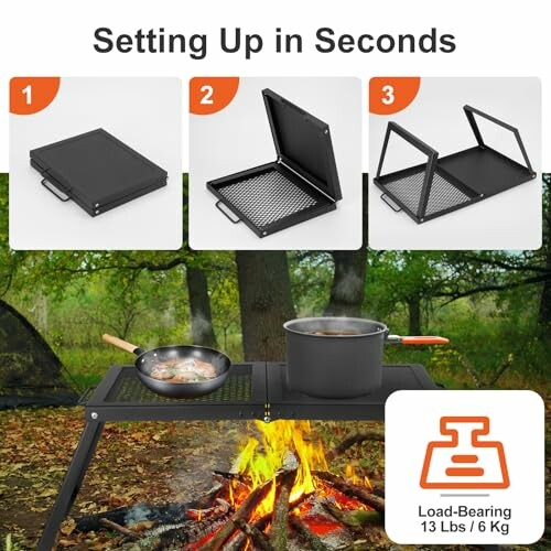 Step-by-step setup of a portable camping stove, showing folding and unfolding process, and cooking over a campfire.
