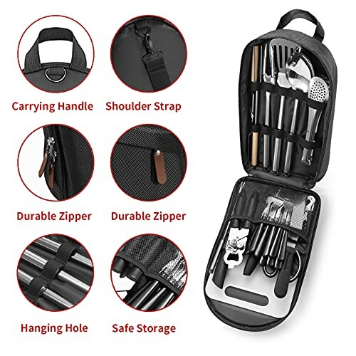 Portable camping utensil set with carrying case and various tools.