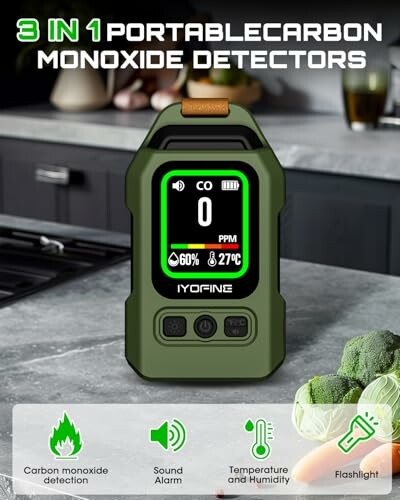 3 in 1 portable carbon monoxide detector with display and buttons on kitchen counter.