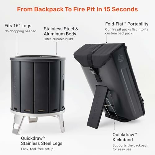Portable fire pit with backpack, stainless steel body, and quickdraw features.