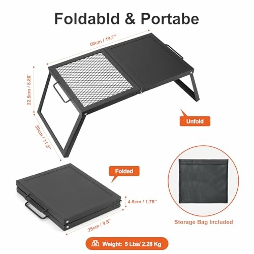 Foldable and portable grill with folding options and storage bag.