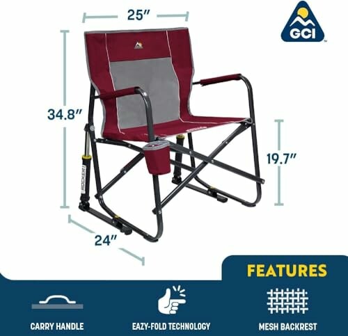 Portable folding chair with dimensions and features.
