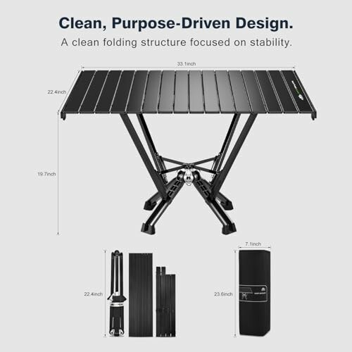 Portable folding table with dimensions and stability focus.