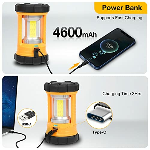 Portable lantern used as a power bank, charging a smartphone and laptop.