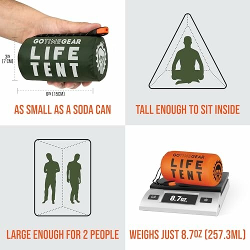Compact Life Tent, size of soda can, fits 2 people, weighs 8.7oz.