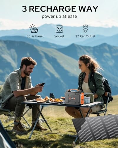 Two people camping with a portable power station and solar panel in a mountain setting.