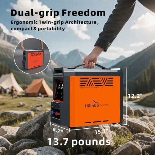 Portable power station on a rock at a campsite.