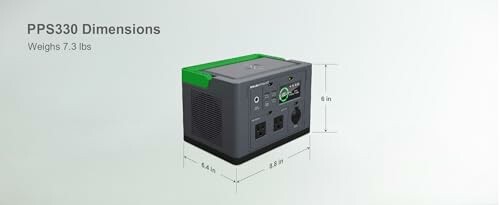 Portable power station with dimensions and weight shown.