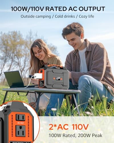 Two people using a portable power station outdoors.