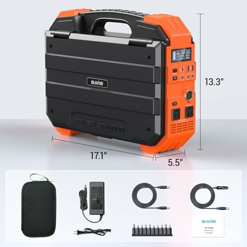 Portable power station with dimensions and included accessories.