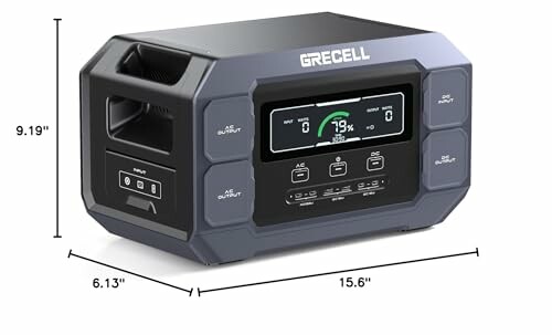 Portable power station with LED display and multiple inputs and outputs.