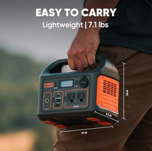 Person carrying a lightweight portable power station, 7.1 lbs, with various outlets.