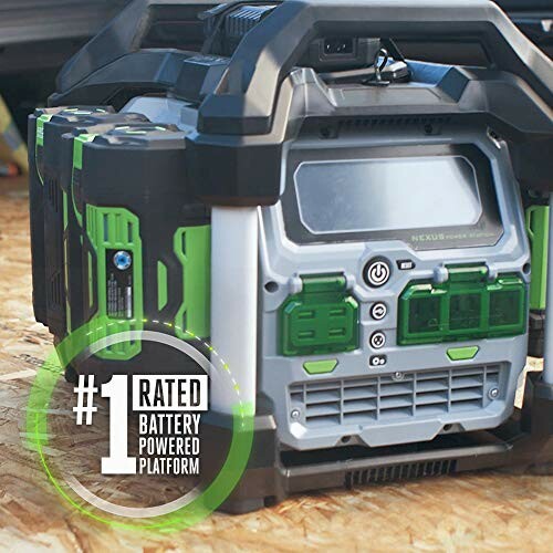 Portable power station with green accents on a wooden surface.