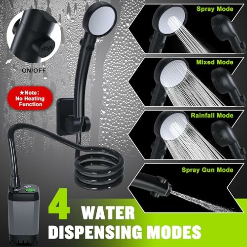 Portable shower with four water dispensing modes: spray, mixed, rainfall, spray gun.