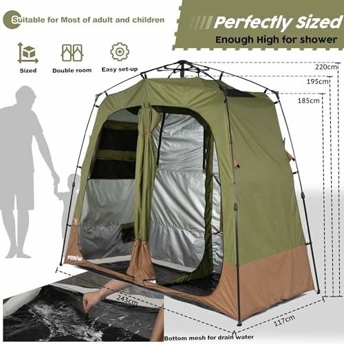 Portable shower tent with dimensions and features displayed.