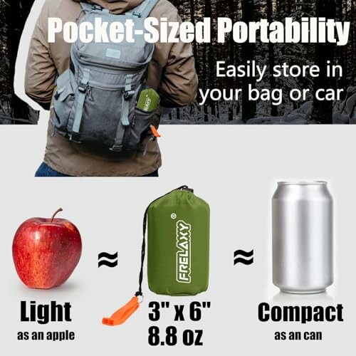 Compact sleeping bag compared to apple and can.
