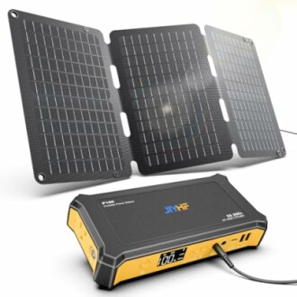 Portable solar panel and power station setup, showcasing the device's compact design and ease of use.