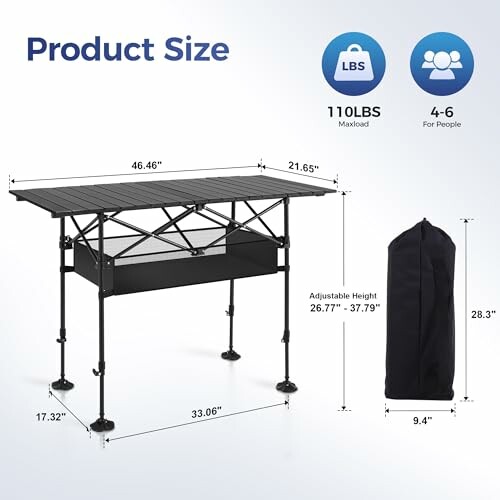 Portable folding table with dimensions and carrying bag.